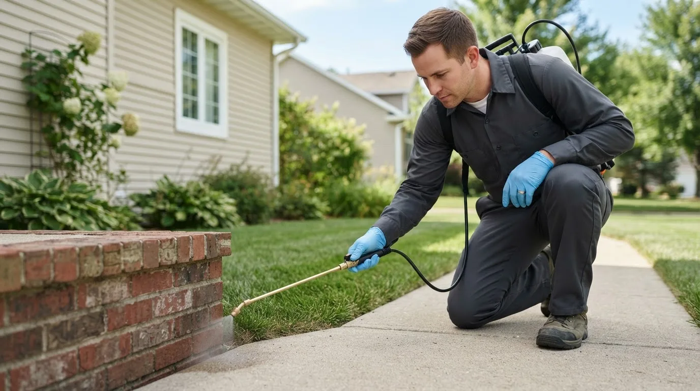 Pest control technician treating a home near Ratcliff, TX